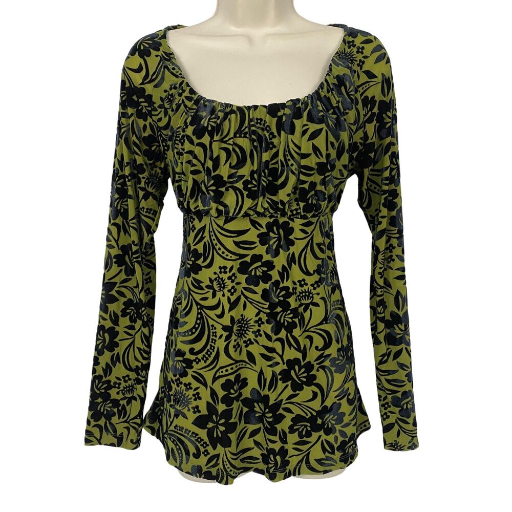 Sundance Top Womens Medium‎ Forest Green Black Floral Velvet Burnout Milkmaid